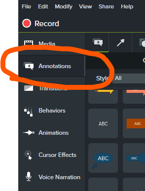 Adding text in Camtasia via the Annotations Icon