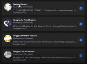 Screen shot showing several Facebook groups on blogging